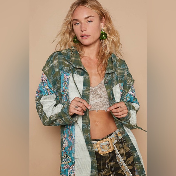 LAST ONE New! POL Olive Green Multi Color Patchwork Plaid Hoodie Top - Picture 4 of 5